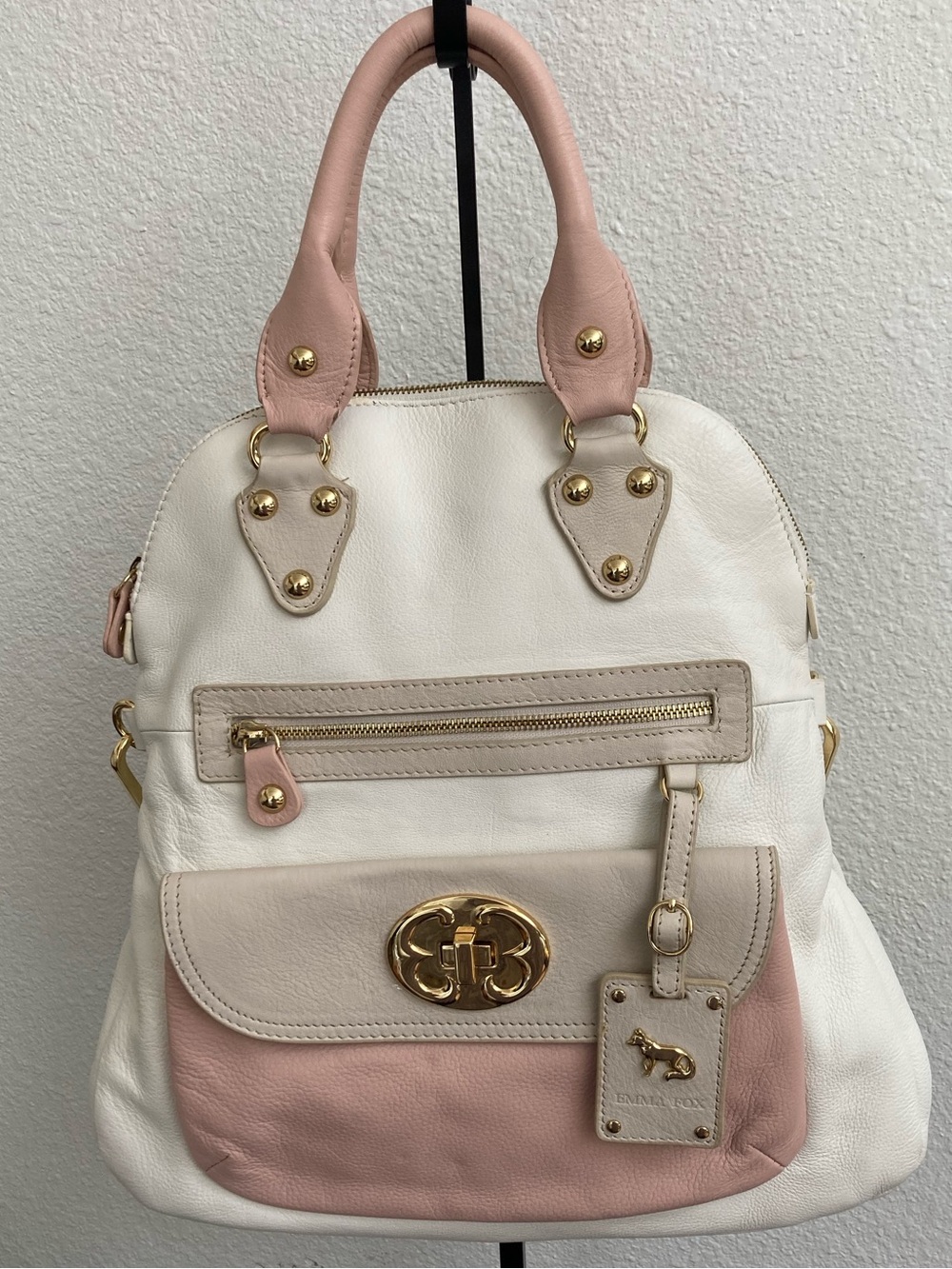 Emma Fox colorblock leather convertible foldover tote satchel in cream/pink